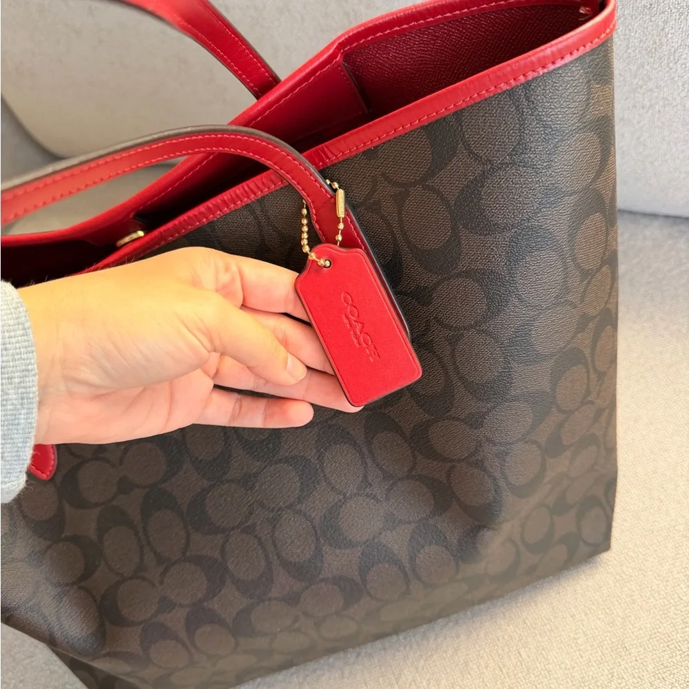 Coach Brown Signature Canvas Tote with Red Trim - Picture 9 of 10
